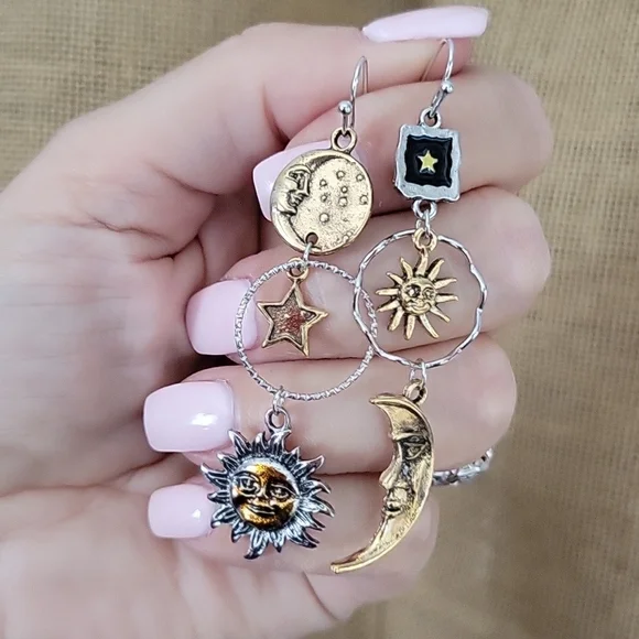 Celestial Two-Tone Drop Earrings, 925 wires - Picture 3 of 12